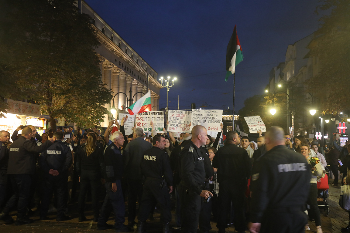 <p>Стотици се събраха на протест в защита на палестинския народ в центъра на София тази вечер</p>