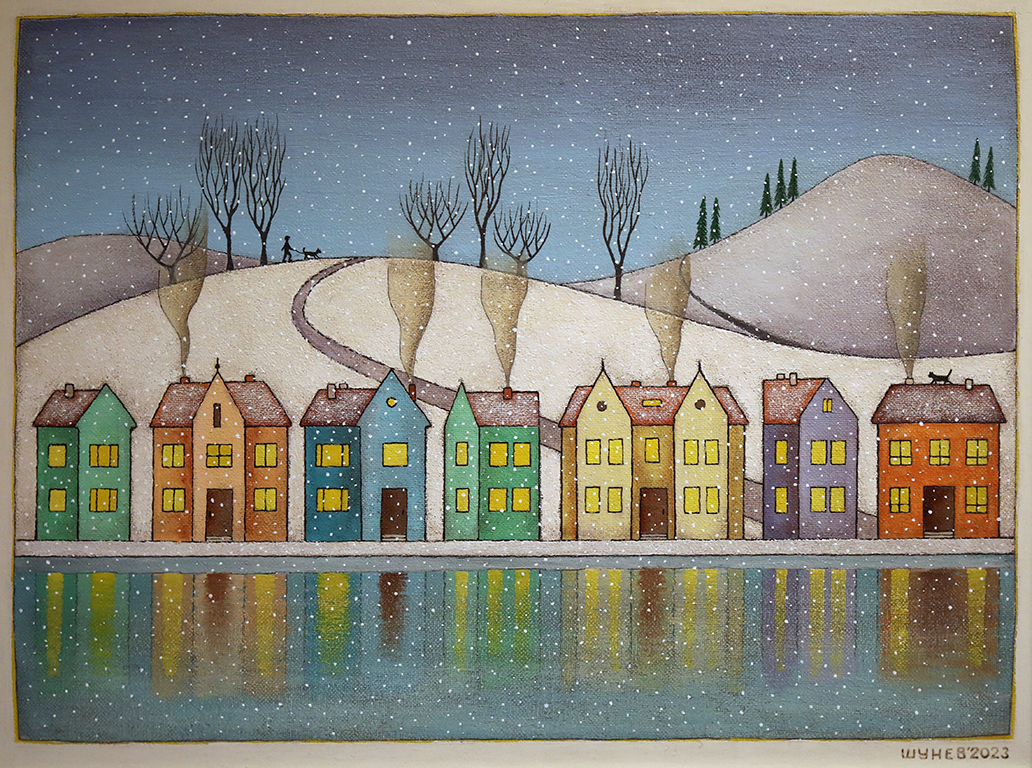 <p>Изложбата се казва &bdquo;Привечер&ldquo; и съдържа двадесет и шест новосъздадени картини изпълнени в традиционната за художника авторска техника.</p>