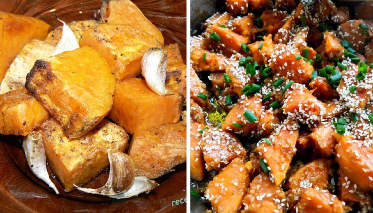 рецепти - Сладки картофи в солени манджи: Карамелизирани на тиган, печено пиле със зеленчуци или розова сьомга върху канапе