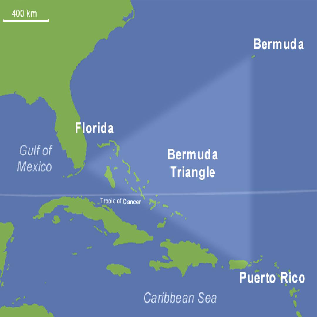  Приблизителна карта на Бермудския триъгълник, само че откриватели считат, че границите са разнообразни и надалеч не са триъгълни. 
