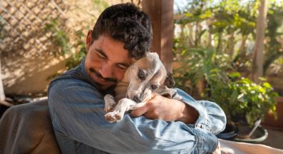 куче човек прегръдка