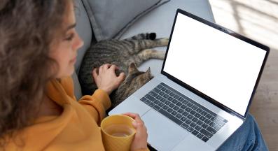 жена работи от вкъщи с котка