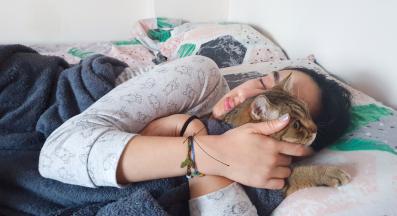 котка спи до стопанин