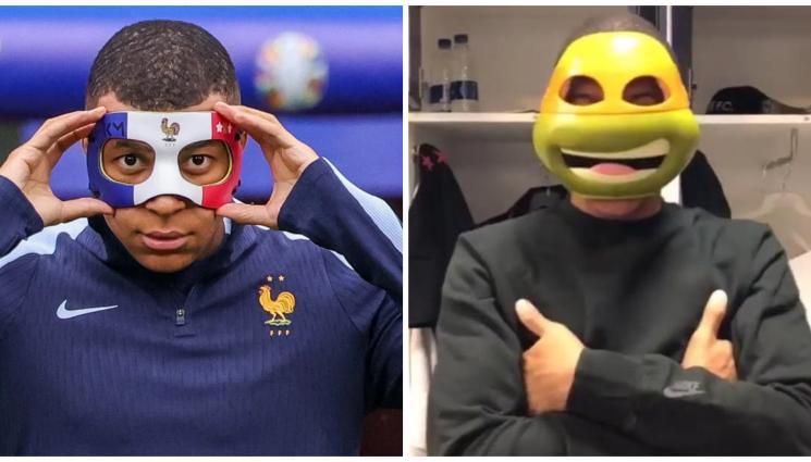 Франция Килиан Мбапе - Открийте 10-те разлики: Мбапе с маска е Микеланджело от „Костенурките нинджа”