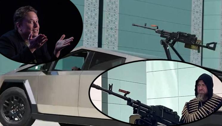 Рамзан Кадиров Tesla Cybertruck Илон Мъск - ЛУДА РАБОТА: Кадиров сложи картечница на подарен от Илон Мъск пикап, праща го на бой в Украйна! (ВИДЕО)