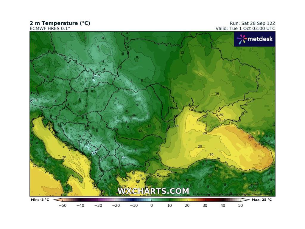 Сутрешни температури на 1 октомври според ECMWF