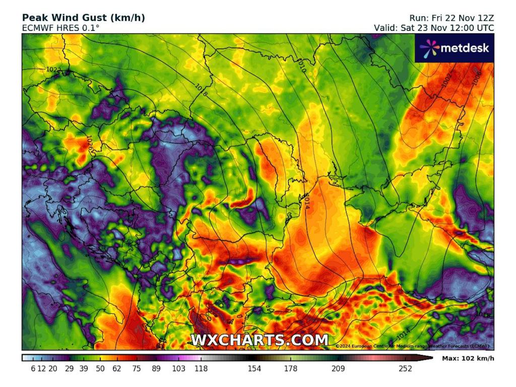 Силни пориви на вятъра в събота следобед според ECMWF