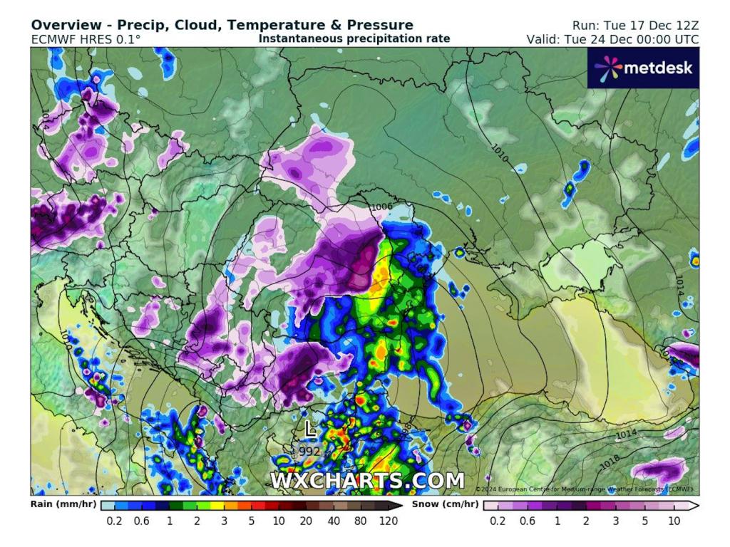 Валежи от дъжд и сняг около Бъдни вечер според ECMWF