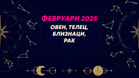 Месечен хороскоп за февруари 2025 за зодиите Овен, Телец, Близнаци и Рак