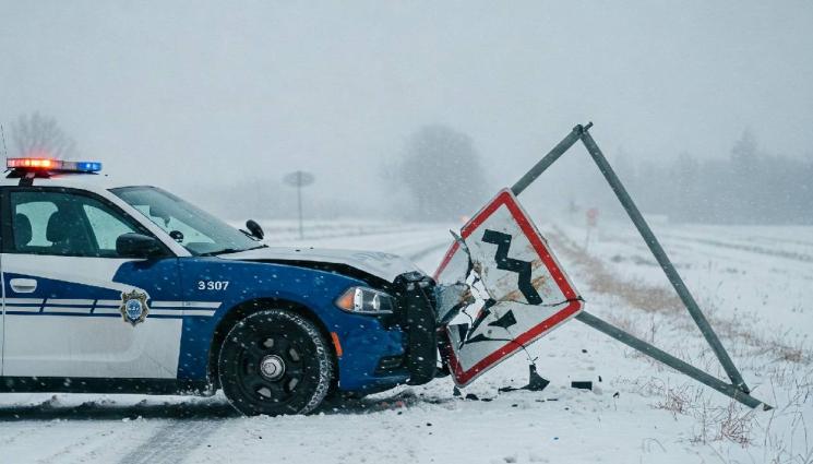 патрулка - Патрулка се натресе в пътен знак!