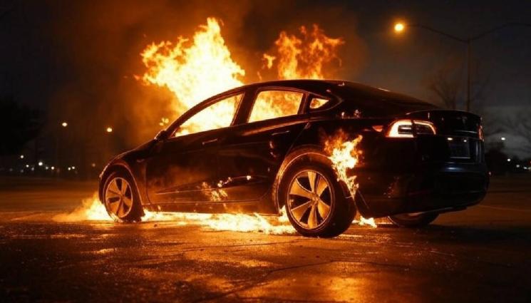горящ автомобил Tesla - БУНТ: Палят електромобилите на Мъск в Европа (ВИДЕО)
