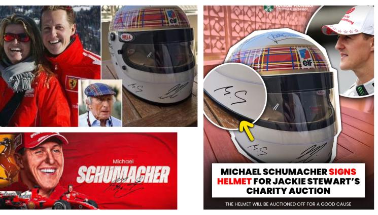 Михаел Шумахер Джаки Стюърт каска - Продават на търг каска на сър Джаки Стюърт, прясно подписана от самия Михаел Шумахер!
