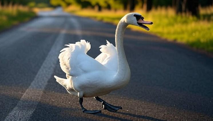 Лебед - ВКЛЮЧИХА СЕ В ДВИЖЕНИЕТО: Лебеди затапиха шосе край морето (СНИМКА)
