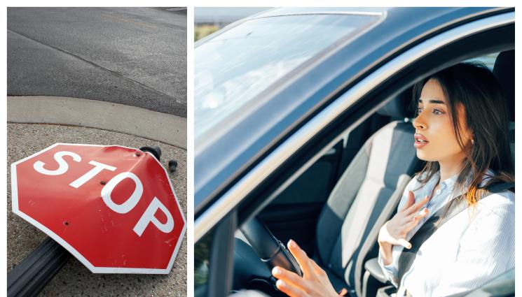 катастрофа жена знак - Мацка отнесе пътен знак!