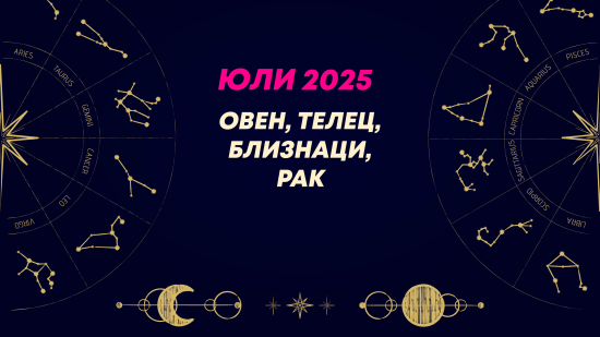 Месечен хороскоп за юли 2025 за зодиите Овен, Телец, Близнаци и Рак