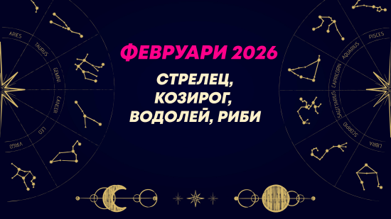 Месечен хороскоп за февруари 2026 за зодиите Стрелец, Козирог, Водолей и Риби