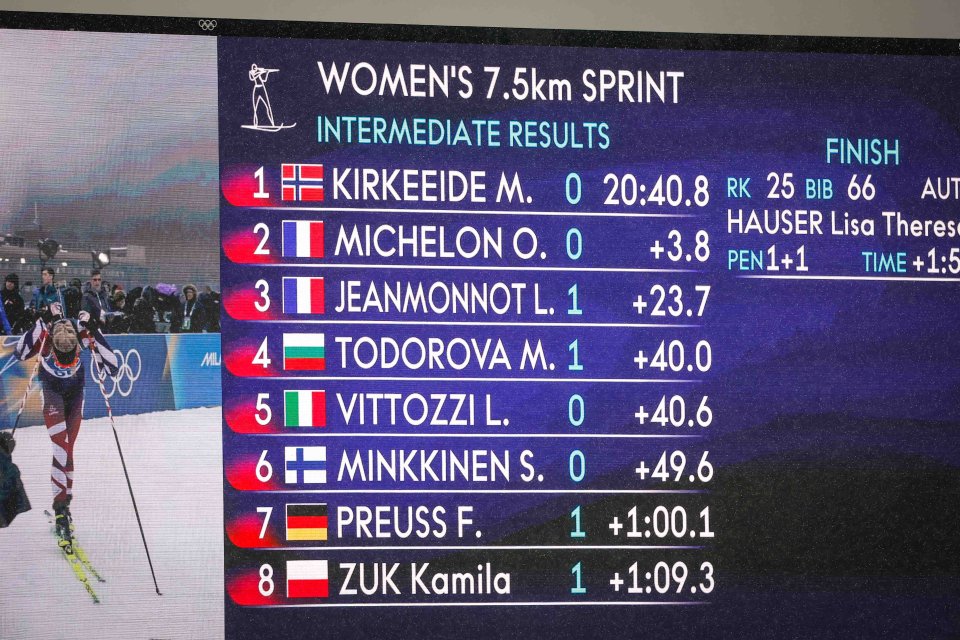 Биатлон спринт 7.5 км при жените на Зимните олимпийски игри в Милано-Кортина, 14.02.2026 г.