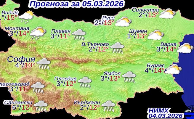 Прогнозни температури на НИМХ за четвъртък, 5 март