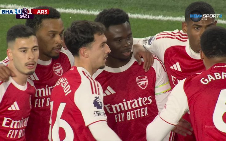 Букайо Сака даде преднина за Арсенал срещу Брайтън