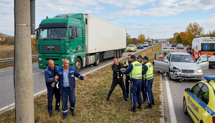 бой - СТРАШНО МЕЛЕ: Мъже набиха шофьор на камион след катастрофа!