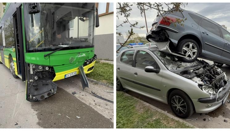 s - МЕЛЕ В ХАСКОВО: Автобус помете три паркирани коли (СНИМКИ)