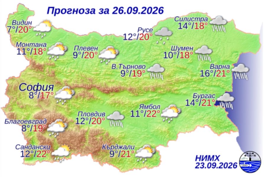 На снимката е показана метеорологична карта с прогнозата за времето за 26 септември 2026 г.