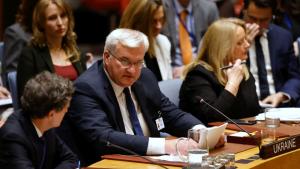 Украинският министър на външните работи Андрий Сибиха говори на заседание