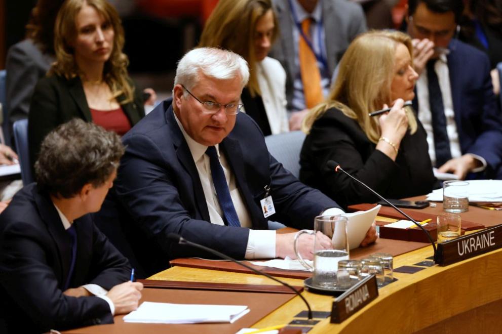 Украинският министър на външните работи Андрий Сибиха говори на заседание на Съвета за сигурност на ООН