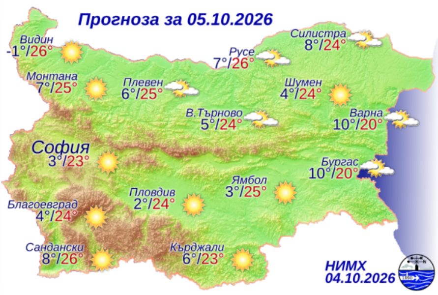 На снимката е показана метеорологична карта с прогнозата за времето за 5 октомври 2026 г.