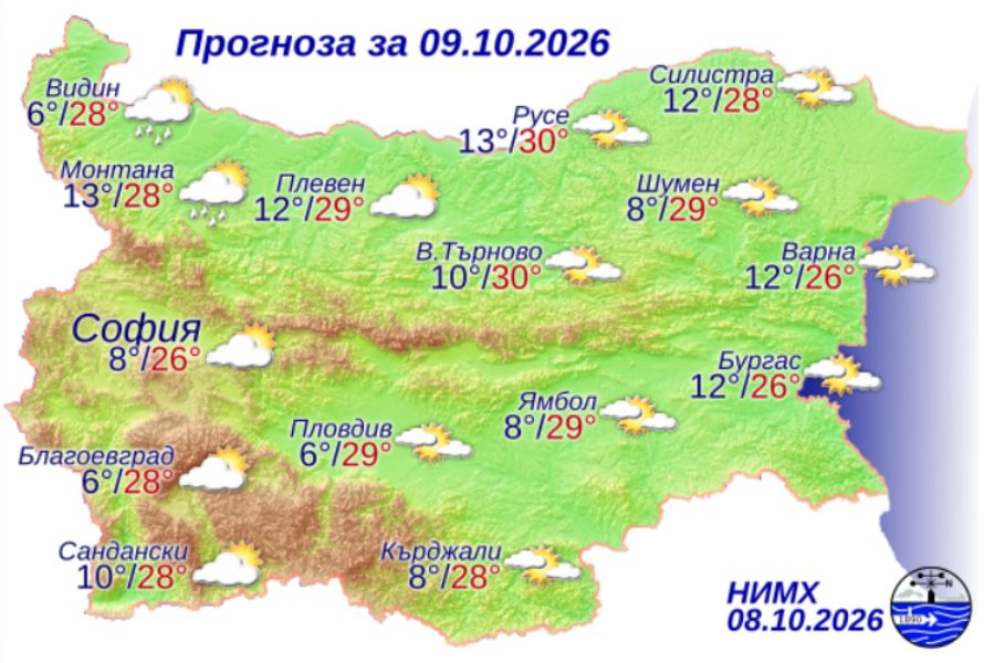 На снимката е показана метеорологична карта с прогнозата за времето за 9 октомври 2026 г.