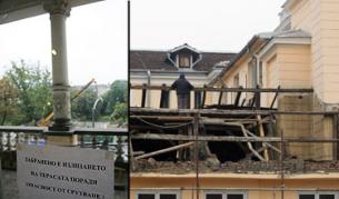 Още миналата година терасата на Военния клуб бе затворена заради опасност от срутване. Вдясно - ремонтът на покрива в началото на 2009 г.