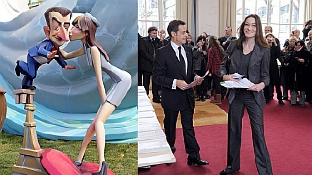 Карикатурни фигури на Саркози и Карла вляво Вдясно президентът и