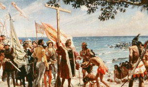 Картина, изобразяващ пристигането на Колумб на Карибите