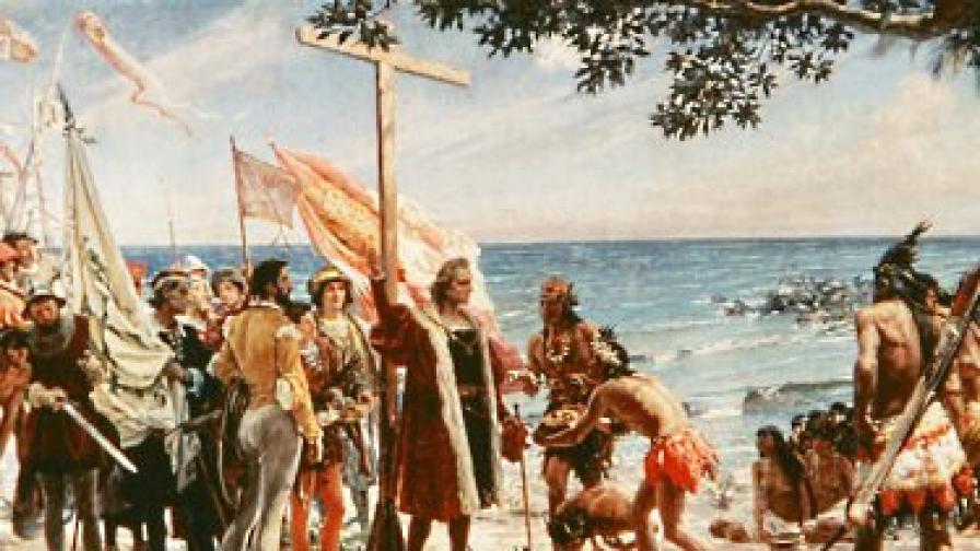 Картина, изобразяващ пристигането на Колумб на Карибите