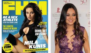 Мила Кунис на корица на FHM през 2011 г. и на благотворителна вечер в Бевърли хилс през януари 2012 г.