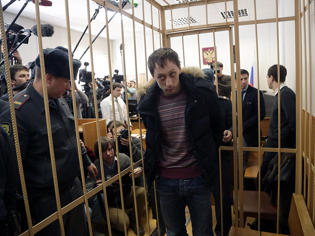 Танцьорът от Болшой балет Павел Дмитриченко по време на съдебно заседание в Москва, Русия, 7 март 2013 г. Звездата на Болшой театър призна на 6 март вината си за организирането на нападение с киселина срещу директора на балета.