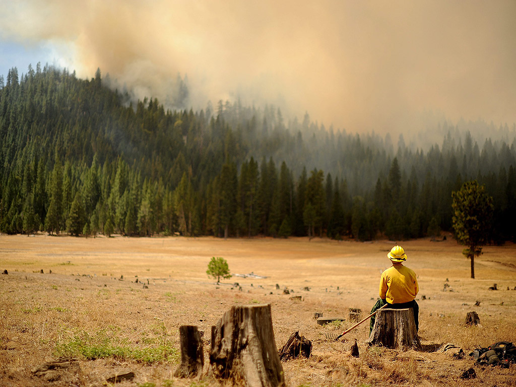 Служител от ековластите в Калифорния наблюдава горски пожар до националния парк Йосемити на 25 август 2013.